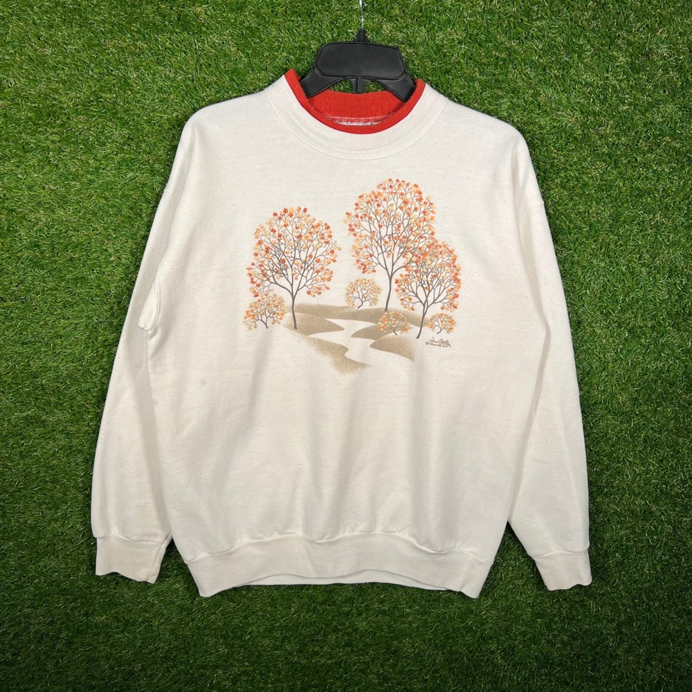 Morning Sun Vintage 90s Autumn Tree Graphic Double Collar Sweatshirt Cream Large